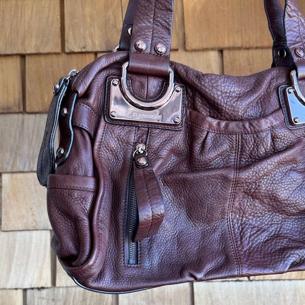 b. makowsky Deep maroon Leather Shoulder Bag with rose gold Accents - Picture 3 of 6